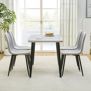 English Elm Table and Chair Set Modern Marble Glass Top Dining for Four with Linen Upholstered Seats W1151S04626
