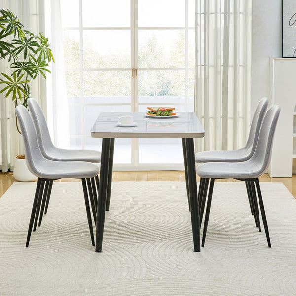 English Elm Table and Chair Set Modern Marble Glass Top Dining for Four with Linen Upholstered Seats W1151S04626