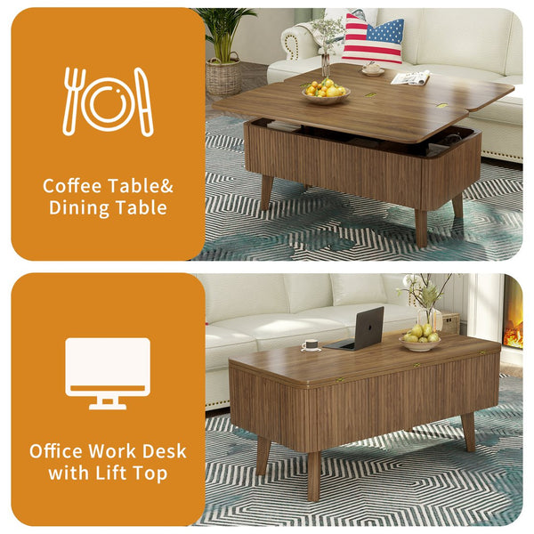 English Elm 3 in 1 Oval Lift Top Coffee Table Fluted Wood Storage Converts for Living Room W2641P422965