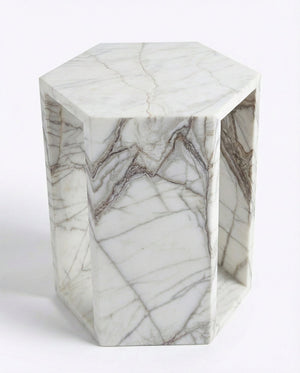 English Elm Genuine Solid Marble Hexagonal Pedestal End Table Polished Stone for Modern Living White+Multi W1696P408000