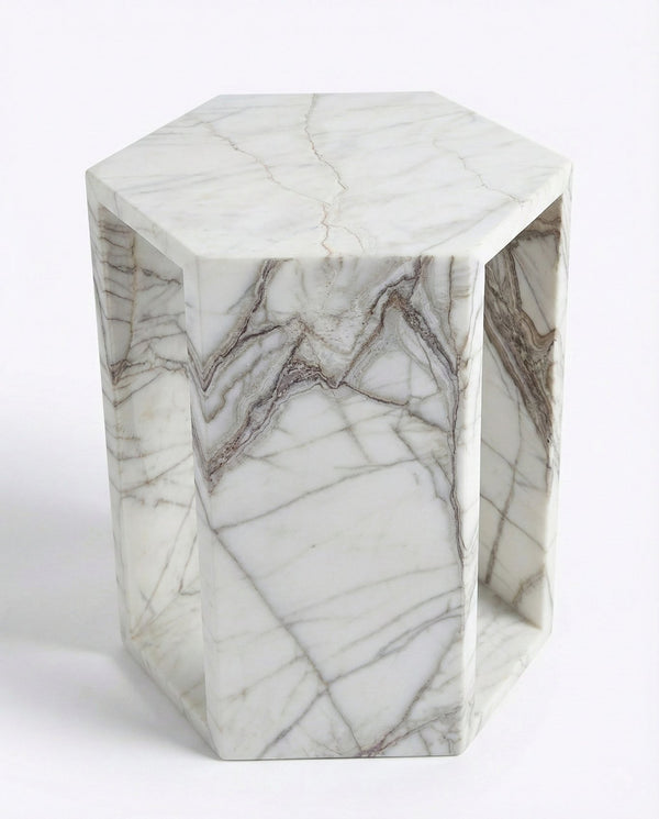 English Elm Genuine Solid Marble Hexagonal Pedestal End Table Polished Stone for Modern Living White+Multi W1696P408000