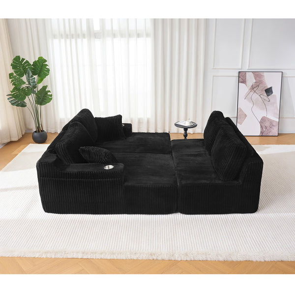 English Elm U-shaped Corduroy Cloud Sectional Sofa with Pocket Springs and Modular Living Room Seating Black W3366S00001