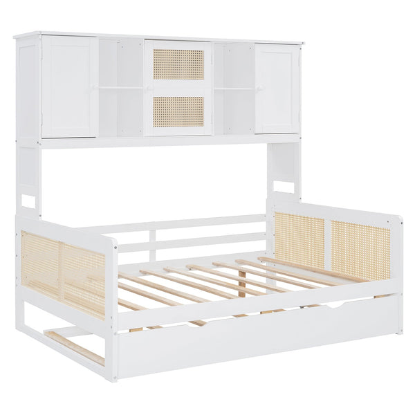 English Elm Full Wooden Daybed With Twin Trundle & Versatile Cabinet Shelf - Space-Saving Comfort In White N820S00049K