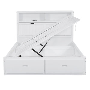 English Elm Wood Queen Size Hydraulic Platform Bed with LED Headboard, Charging Station, Hidden Storage Drawers and Shelves White GX000372AAK