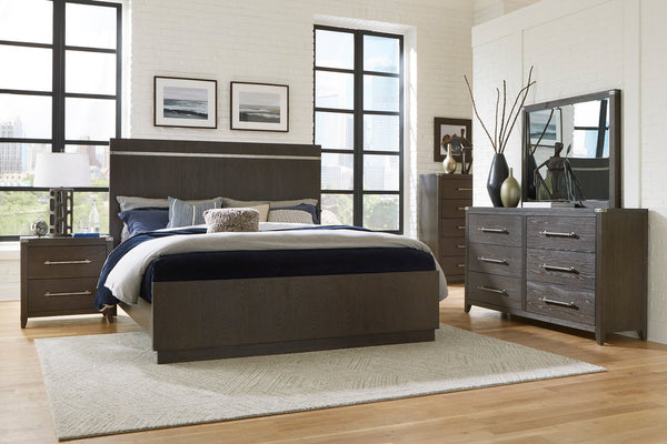 English Elm Dark Brown Bellamy Nightstand with 2 Drawers, Ash Veneer Finish and Mottled Silver Bar Pulls — Modern Transitional Bedroom B011P212249