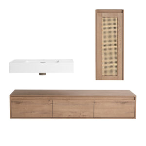 English Elm 60 Inch Wall-Mounted Bathroom Vanity Set With Resin Sink, Soft-Close Drawers & Side Cabinet Storage W999S00357