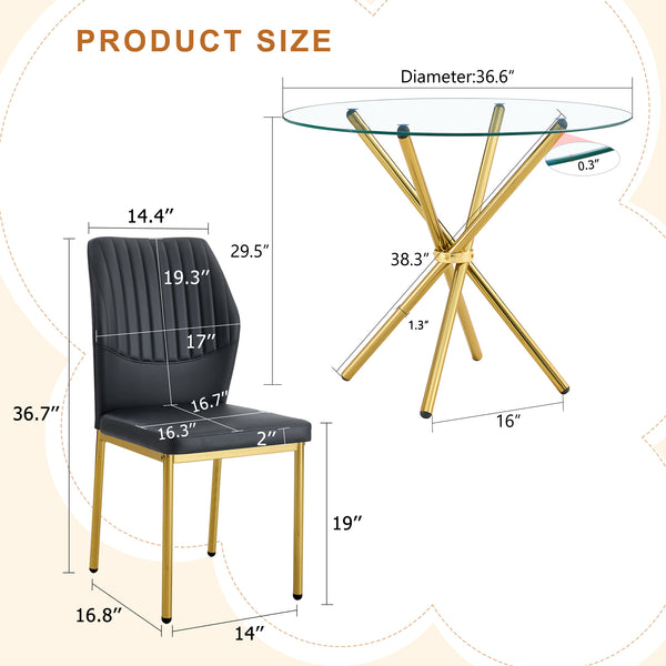English Elm 4-Piece Dining Set: Modern Luxe Round Glass Table & Stylish Black-Gold Chairs For Chic Spaces W1151S03684