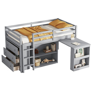 English Elm Twin Loft Bed With Storage Cabinets, Pull-Out Desk & Safety Guardrail - Sturdy Grey Rubberwood Design W504S00201-GIGA