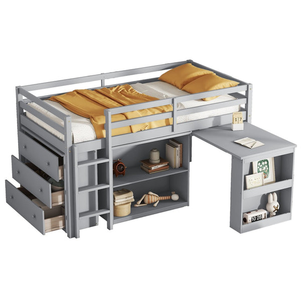 English Elm Twin Loft Bed With Storage Cabinets, Pull-Out Desk & Safety Guardrail - Sturdy Grey Rubberwood Design W504S00201-GIGA