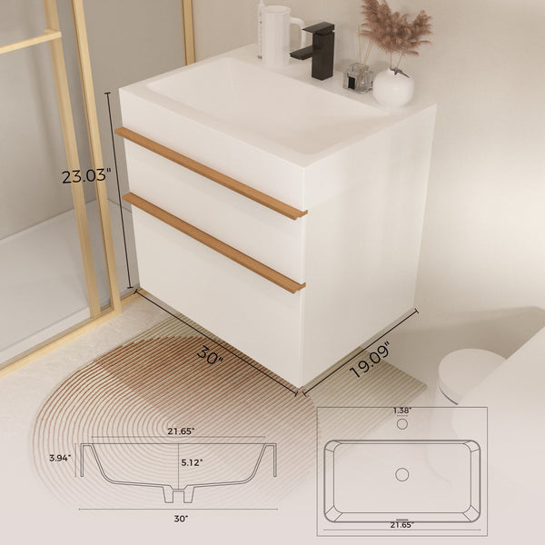 English Elm VELA 30 Inch Wall Mounted Bathroom Vanity with Integrated Acrylic Sink, Dual Wood Handles, Soft-Close Drawers, Matte Finish White W3235P327594