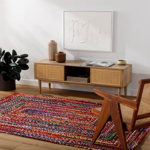 Livabliss Billie Handloomed Recycled Fabric Flatweave Runner Rug for Entryways and Hallways Crimson, Sapphi 5' x 7'6" BBI2300-576