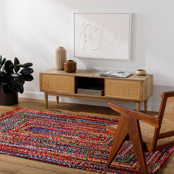 Livabliss Billie Handloomed Recycled Fabric Flatweave Runner Rug for Entryways and Hallways Crimson, Sapphi 5' x 7'6" BBI2300-576