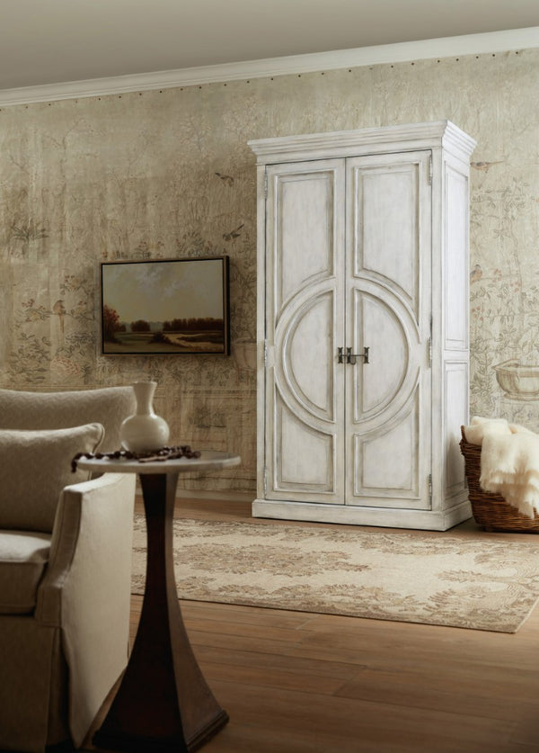 Hooker Furniture Boheme Bilzen Wardrobe—Whitewash Armoire With Merion Blue Interior, Mirror, Drawers & Adjustable Shelves 5750-90013-LTWD