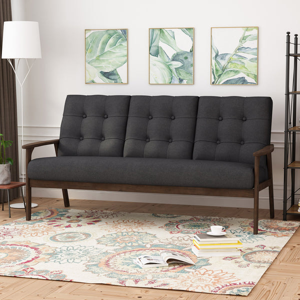 English Elm Christopher Knight Home® - Athena Charcoal Grey Mid-Century 3-Seater Waffle Stitch Tufted Sofa with Rubberwood Legs, 66" 65344.00BLK