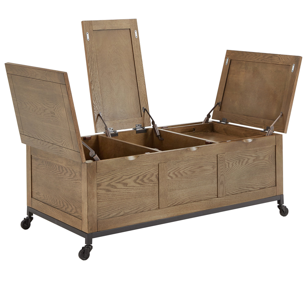 Homelegance By Top-Line Millie Trunk Rectangular Coffee Table with Tray and Iron Casters Oak MDF