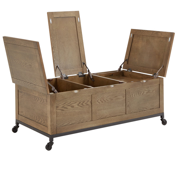 Homelegance By Top-Line Millie Trunk Rectangular Coffee Table with Tray and Iron Casters Oak MDF