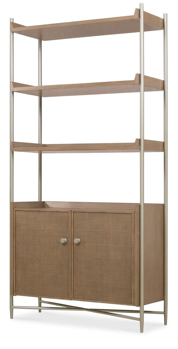 Hooker Furniture Sonnet Woven Cane Bookcase With Metal Frame — Light Oak Veneer, Soft-Close Doors, Versatile Display 6072-10445-85