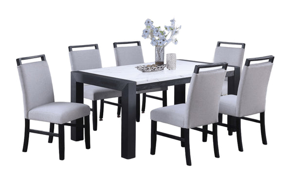 English Elm Modern Dining Table and 6 Side Chairs with Faux Marble Top, Sturdy Thick Legs, Sleek Contemporary Style Charcoal,White 42 L x 62 W x 7 H B011S01873