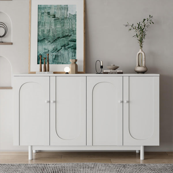 English Elm Stylish 4-Door Intaglio Storage Cabinet with Pine Legs and Solid Wood Pulls, Mid-Century Modern Console White W757P151917