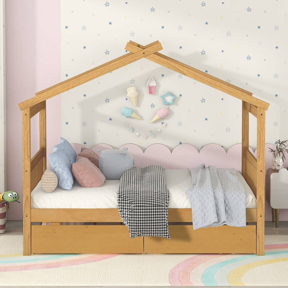 English Elm Twin House Bed Solid Pine Kids Cottage Frame with Storage Drawers Imaginative Room N708P309247M
