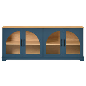 English Elm Farmhouse Media Console with Arched Glass Doors Wood Grain Two Tone Living Room Storage Blue N721P411204C