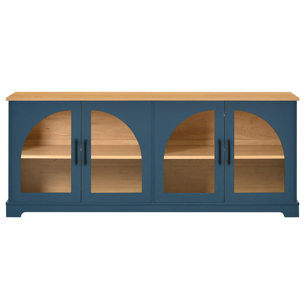 English Elm Farmhouse Media Console with Arched Glass Doors Wood Grain Two Tone Living Room Storage Blue N721P411204C