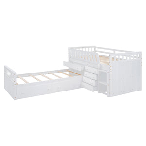 English Elm L-shaped Twin Loft Platform Bed with 7 Drawers Full Guardrails Kids White Pine LT000853AAK