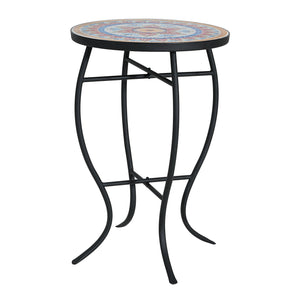 English Elm Outdoor Mosaic Ceramic Tile Round Side Table with Curved Wrought Iron Patio Accent Red+Black N773P365597R