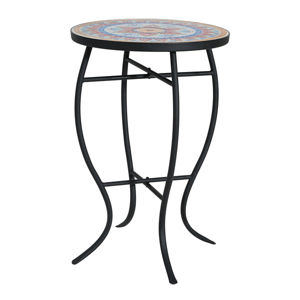 English Elm Outdoor Mosaic Ceramic Tile Round Side Table with Curved Wrought Iron Patio Accent Red+Black N773P365597R