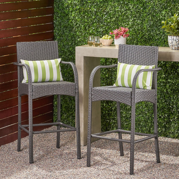 English Elm Christopher Knight Home® - CASCADA Outdoor Wicker Barstools Set of 2 — Durable Powder-Coated Iron Frame, Handcrafted Faux Rattan Lounge Grey 64901.00GRY
