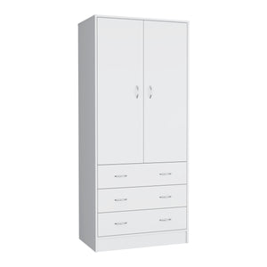 English Elm Armoire Melfa 71" H with 2 doors, 3 drawers and hanging rod for organized, elegant bedroom storage White 35 L x 24 W x 6 H B097S00120