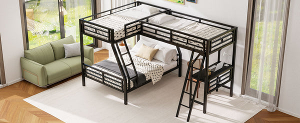 English Elm Twin Triple Bunk Bed with Loft, Desk & Shelf — Metal Black L-Shaped Sleep/Study Space, No Box SpringNeeded SM000606AAB