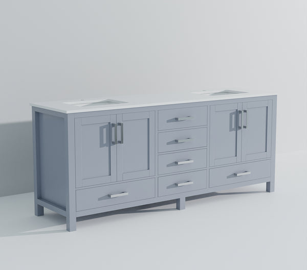 English Elm Dark Grey 84" Double Bath Vanity with White Quartz Top, Solid Wood, Soft-Close Drawers, Ample Storage B2731P258975