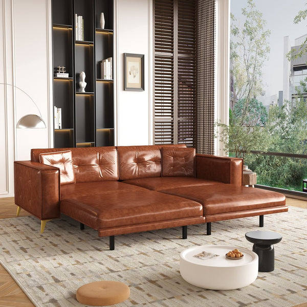 English Elm 92.1"king Faux Leather Convertible Sleeper Sofa Tufted 4 Seat Pull Out Living Room Couch Light Brown W1885S00408