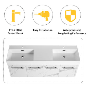 English Elm 60 Inch Wall-Mounted Bathroom Vanity With Double Resin Sinks, Modern Design, Storage & Style W999S00254