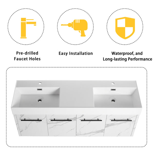 English Elm 60 Inch Wall-Mounted Bathroom Vanity With Double Resin Sinks, Modern Design, Storage & Style W999S00254