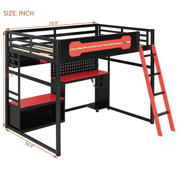 English Elm Full Size Gaming Loft Bed with Built-in Desk Led Lighting Usb Ports and Pegboard Black+Red LT000270AAR