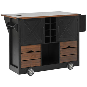 English Elm K&K 54" Farmhouse Kitchen Island Cart with Drop Leaf, Wine Rack, Power Outlet and Rolling Storage Black N707P349814B