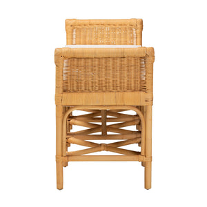 English Elm Modern Bohemian Rattan Bench with Woven Frame Open Shelf and Cushion for Entryway B2750P467674