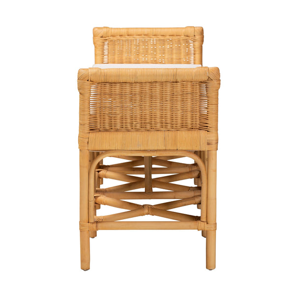 English Elm Modern Bohemian Rattan Bench with Woven Frame Open Shelf and Cushion for Entryway B2750P467674