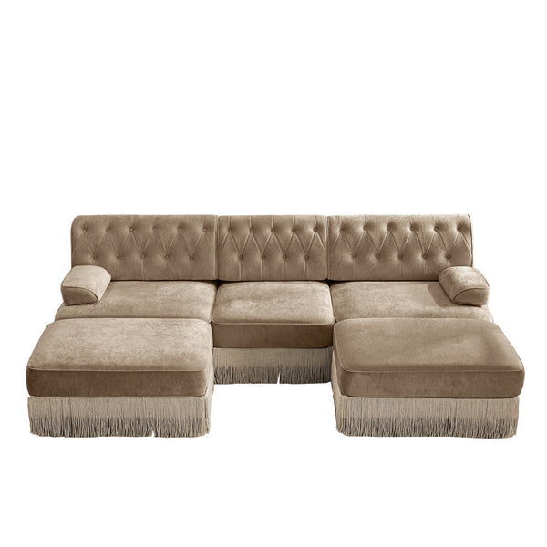 English Elm U Shaped Modular Sectional Sofa Chesterfield Tufted Velvet with Tassel Fringe Skirt Camel W714S01698