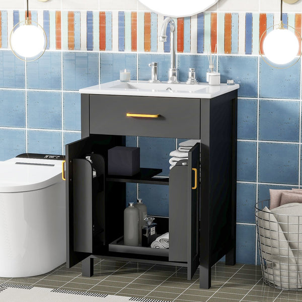 English Elm 24"Bathroom Luxurious Space-Saving Vanity with Ceramic Sink, Solid Wood Frame, Soft-Close Doors and Storage Black N729P183716B