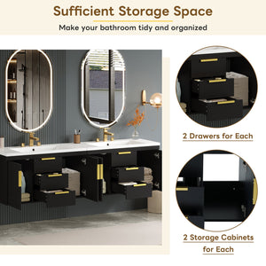 English Elm 72'' Wall Mounted Bathroom Vanity with 4 Drawers & Double Cabinets, Waterproof MDF, Smooth Slide Rails Black N710SS00009B