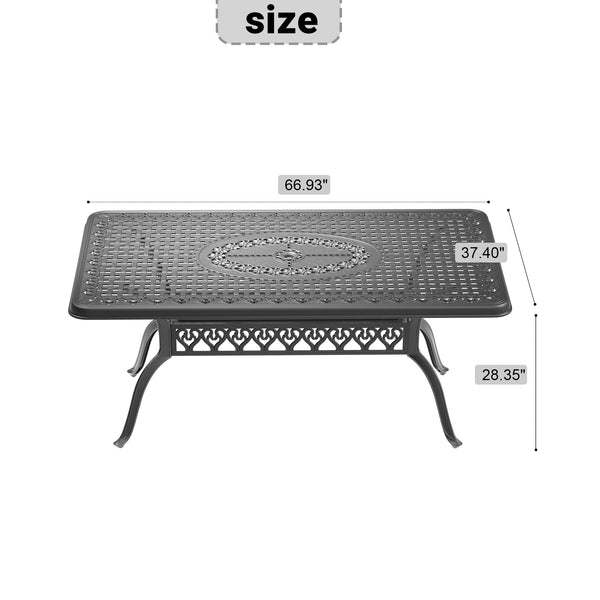 English Elm L68.9*W37.4-inch Cast Aluminum Patio Dining Table with Umbrella Hole, Seats 6, Black Frame Durable W1710P166031