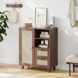English Elm Rattan Cane Front Sideboard with Drawers Adjustable Shelf Bohemian Storage Cabinet Walnut T3623P434733