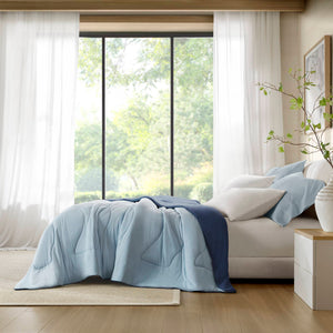 English Elm 1-piece Reversible Tencel Fill Comforter with Sculptural Weave for Full Queen Beds Blue B035P408281