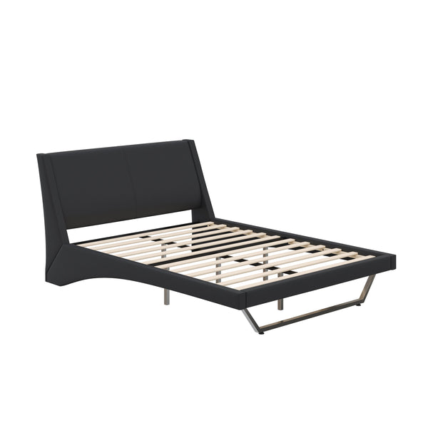 English Elm Queen Pu Leather Platform Bed Sculptural Wave Base Floating Silhouette Modern Bedroom Black N761S0000031B