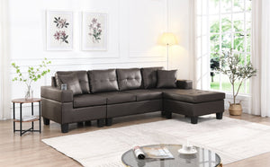 English Elm Sectional PU Sofa Set with L-Chaise, Built-In Cup Holders, Thick Foam Cushions, Modern 4-Seater Comfort Dark Brown 57.87 L x 28.35 W x 12.99 H W2297S00004