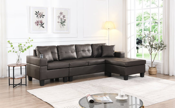 English Elm Sectional PU Sofa Set with L-Chaise, Built-In Cup Holders, Thick Foam Cushions, Modern 4-Seater Comfort Dark Brown 57.87 L x 28.35 W x 12.99 H W2297S00004