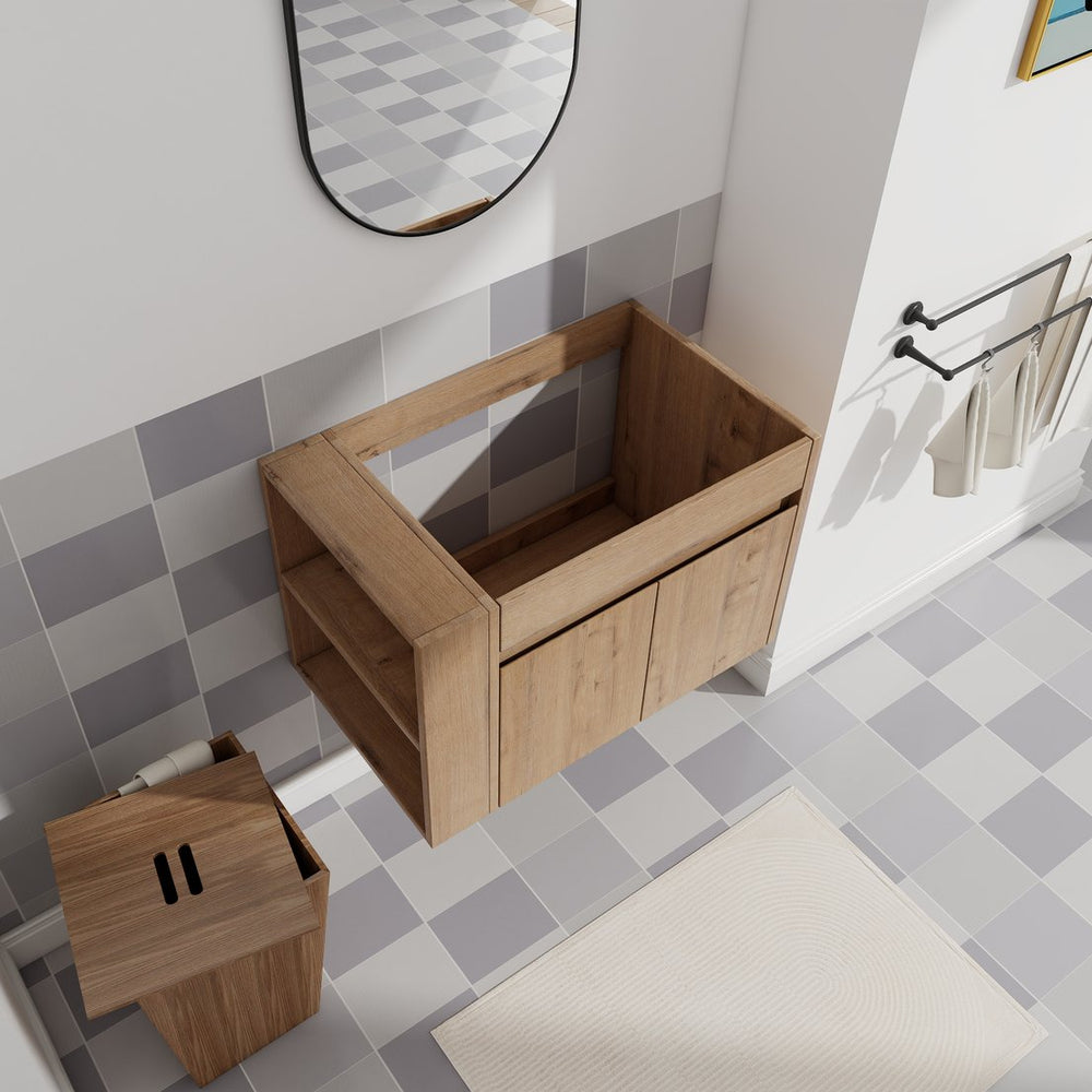 English Elm 30 Inch Wall Mounted Bathroom Vanity with Open Shelf Hardware Free Handle Design W99956039